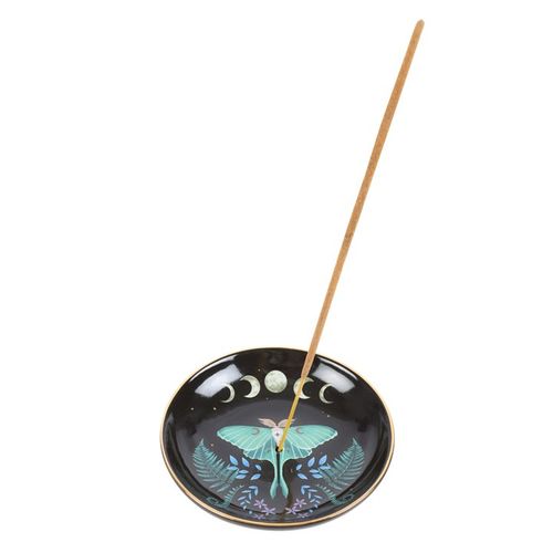 Practical and stylish, this gorgeous incense plate features an enchanting luna moth and moon phases design. The plate is thoughtfully designed to accommodate both incense sticks and cones, featuring a small hole in the center for sticks and a flat, stable surface suitable for burning cones.