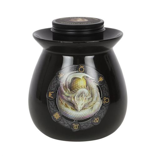 This enchanting gift set includes a beautifully crafted oil burner adorned with the 'Ostara' dragon motif, rendered in vivid, high-quality color. Infused with the warm scent of honey, the wax melts evoke a magical atmosphere. Part of Anne Stokes' 'Dragons of the Sabbat' series, this mystical piece measures 11.5cm tall and 10cm wide and deep, making it a perfect addition to any witch’s sacred space. Packaged thoughtfully at 14.5cm by 11cm by 11cm, it’s ready to inspire and enchant.