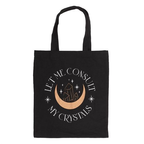 This trendy cotton tote bag is a fun and unique gift for any crystal collector or for anyone to stay in touch with their mystical side. Featuring "Let me consult my crystals" text accented by a gold crescent moon and crystal design on black cotton canvas. Includes ample space for sustainably carrying everyday essentials, crystals, or for shopping.