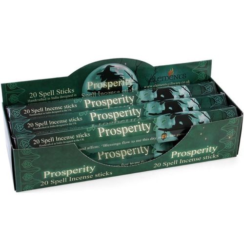 A display box of 6 packs of Prosperity Spell (jasmine) incense sticks, with each pack containing 20 individual sticks. Made from bamboo sticks, wood powder, tree bark powder, and high-quality fragrance, use these incense to set intentions and attract good fortune. Designed by Lisa Parker.
