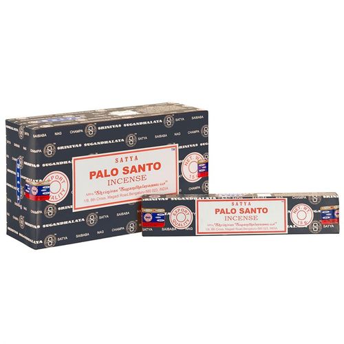 Discover the magic within this collection of 12 packs of Satya Palo Santo incense sticks. Infused with a sweet, woody aroma, these sticks are believed to awaken creativity and boost confidence. Crafted by skilled Indian artisans, each pack holds 10-12 vegan-friendly incense sticks made from the finest ingredients, perfect for your mystical rituals and sacred spaces.
