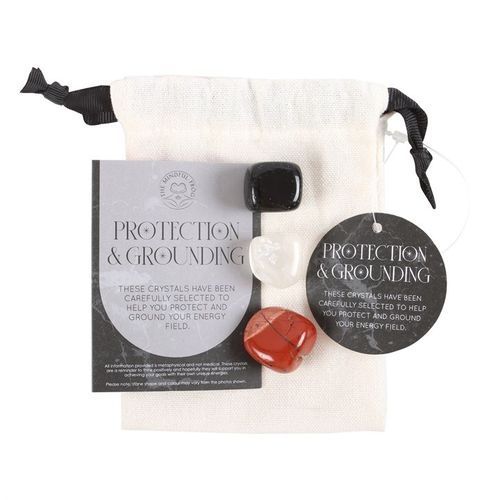 This Protection &amp; Grounding crystal set includes a trio of healing stones selected for their strong protective properties. Black obsidian repels negative energies, clear quartz offers mental clarity and focus and red jasper enhances relaxation.