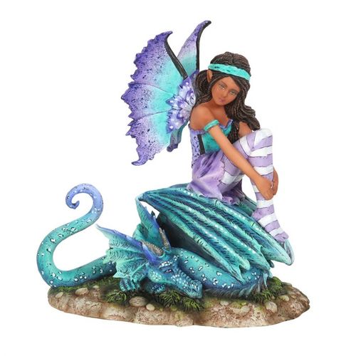 Inspired by Amy Brown’s enchanting ‘Dragon Perch’ watercolor, this finely crafted fairy figurine brings the magic to life with delicate painted details that mirror the original art. Sculpted from resin with intricate care, the purple and teal fairy perches gracefully on her dragon companion, making it an ideal treasure for those drawn to mystical creatures and otherworldly realms. An authentic Amy Brown licensed collectible that adds a touch of fantasy to any space.