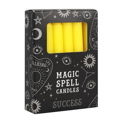 Pack of 12 yellow spell candles for use with rituals to attract success, focus and intuition. Candle magic is one of the simplest forms of spell casting in which the caster decides on a goal, visualizes the end result and focuses intent or will to manifest that result. Approximate burn time of 90 minutes. 70% unscented paraffin and 30% stearic acid. Vegan.