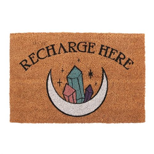 Remind guests that your home is a safe space for all with this trendy doormat. Features 'Recharge Here' text accented by crystals and a mystical moon. Design may fade in extreme weather. Suggested for sheltered and indoor use only.