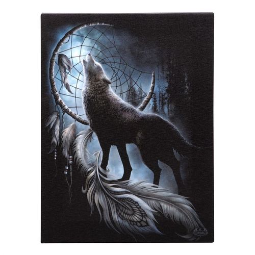 This dark and alluring canvas plaque features licensed artwork from Spiral Direct. 'From Darkness' depicts a howling wolf in front of a moonlit dreamcatcher and will elevate any gothic decor. 19x25cm.