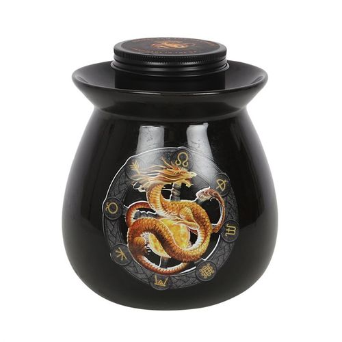 Black urn with a gold dragon design on a white background