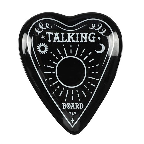 Black heart-shaped object with white text and designs on a white background