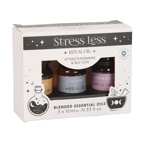 Create an atmosphere of relaxation, calmness, and blissful serenity with this Set of 3 Stress Less Ritual Blended Essential Oils. Crafted with a natural and harmonious blend of Orange, Lavender and Patchouli, these essential oils carry detoxifying properties and banishes negative energy.
