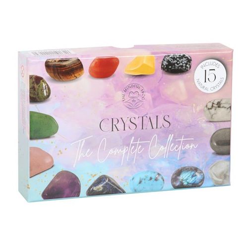 Crystals include green aventurine, strawberry quartz, clear quartz, labradorite, dragon bloodsone, yellow aventurine, rose quartz, white howlite, chevron amethyst, snowflake obsidian, gold tiger's eye, blue turquenite, sodalite, carnelian, and hematite packaged in a sliding gift box.