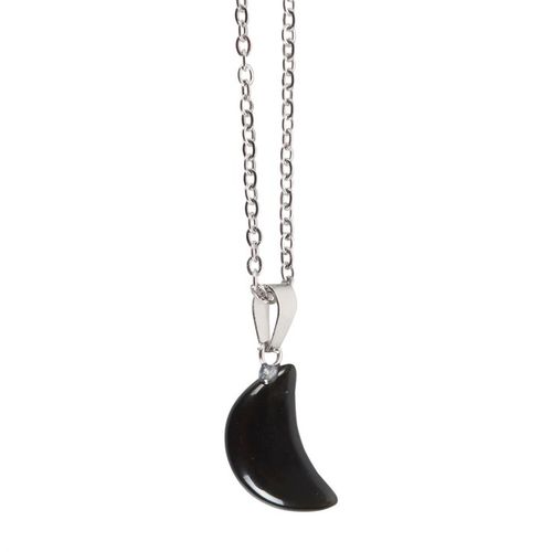 Black crescent-shaped pendant on a silver chain against a white background