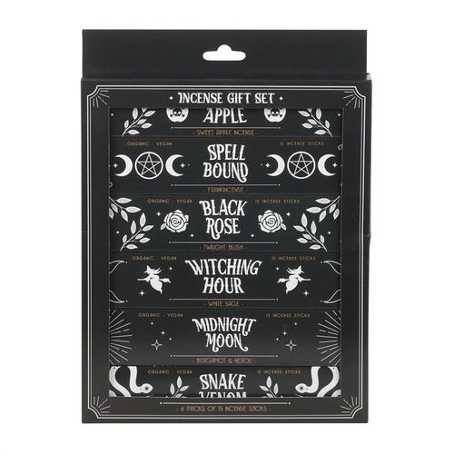 This enchanting set of six incense packs from the 'Midnight Ritual' collection features the bewitching scents of 'Poison Apple', 'Spell Bound', 'Black Rose', 'Witching Hour', 'Midnight Moon', and 'Snake Venom'. Each pack holds 15 hand-rolled sticks crafted in India with premium, vegan-friendly ingredients. Perfect for your mystical ceremonies, these incense sticks invite magic and mystery. Always burn with care, using a proper holder, and never leave them unattended.
