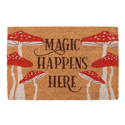 Welcome guests with a spellbinding greeting using this 'Magic Happens Here' mushroom-themed doormat. Ideal for illuminating your porch or doorway with a sprinkle of mystical allure. Please note, the design may fade under harsh weather conditions, so it’s best suited for covered or indoor spaces.