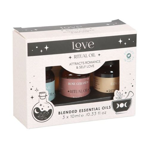 Let the power of these essential oils be the focus of your ritual for love. Create an atmosphere of love, connection, and blissful serenity with this Set of 3 Love Ritual Blended Essential Oils. Crafted with a natural and harmonious blend of Thyme, Rose Geranium and Ginger, these essential oils carry properties of romance and intimacy.