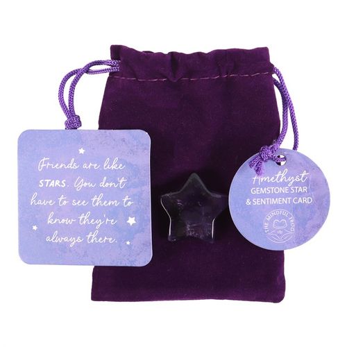 Promote clarity, protection and the cleansing of negative energies with this lucky amethyst crystal star. Presented in a purple velvet drawstring bag, this charm makes a meaningful token of inspiration and empowerment for anyone in need of some extra positivity. Includes a charming "Friends are like stars. You don't have to see them to know they're there" sentiment card.