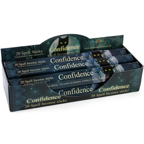 A display box of 6 packs of Confidence Spell (musk) incense sticks, with each pack containing 20 individual sticks. Made from bamboo sticks, wood powder, tree bark powder, and high-quality fragrance, use these incense to set intentions and attract positivity. Designed by Lisa Parker.