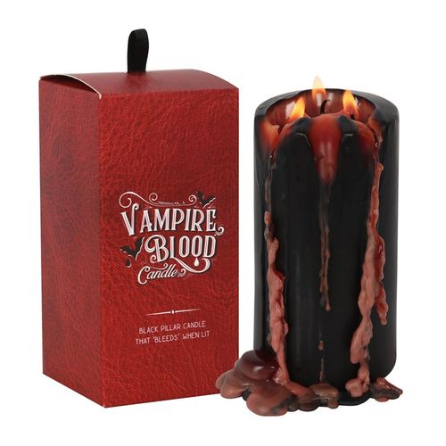 This large Vampire Blood pillar candle casts a spell with its mesmerizing bleeding wax effect, perfect for enchanting dinners or setting a mysterious ambiance. Rest it on a decorative pedestal to watch the warm wax drip like a dark potion, captivating all who behold it. Crafted from unscented paraffin wax, it offers around 7 hours of flickering magic. Remember to shield your surfaces and never leave the flame unattended. Dimensions: 15.2cm tall by 7.5cm wide. Embrace the mystic glow and let the shadows danc