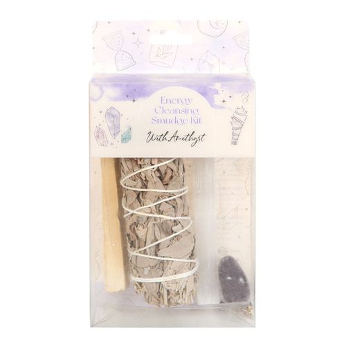 This smudge kit includes everything you need to cleanse your space of negative energies - just minus the match! Kit includes one bundle of dried white sage, a stick of palo santo, a selenite wand and an amethyst tumblestone crystal for promoting positivity and wellbeing.
