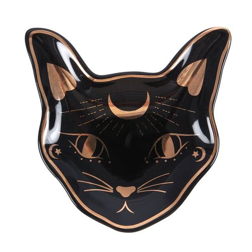 This enchanting trinket dish features a mystical cat face adorned with shimmering gold foil details. Ideal for cradling pendulums, rings, and other cherished treasures, it’s the perfect magical companion for your sacred space.