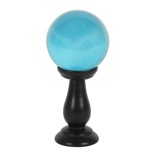 This small, teal blue crystal ball is not only a powerful tool in fortune telling and scrying, but also makes an eye-catching piece of decor. Whether used for divination or a table accessory at Halloween, this crystal ball is sure to be a conversation piece. Comes on black wooden stand. Keep out of direct sunlight.