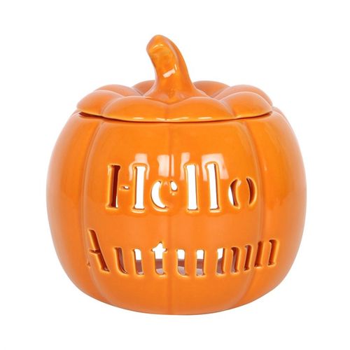 Embrace the magic of autumn with this enchanting pumpkin oil burner, adorned with the carved words 'Hello Autumn.' Perfect for warming your favorite spicy or cozy fragrance oils and wax melts, it casts a spell of comfort and seasonal charm. Dimensions: H11.5cm x W11cm x D11cm. Packaged size: H15cm x W14.5cm x D15cm