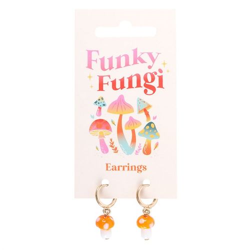 Add a touch of colour and joy to your jewellery collection with these orange toadstool mushroom dangle earrings. These delightful earrings feature intricately designed glass mushrooms that hang gracefully from a pair of small gold hoops, and comes with a matching informational tag.