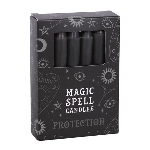 This set includes 12 black spell candles crafted to enhance your protection rituals. Candle magic invites you to set your intention, envision your desired outcome, and channel your will to bring it forth. Each candle burns for about 90 minutes, made from a blend of 70% unscented paraffin and 30% stearic acid, and is completely vegan. Embrace the power of these candles to shield and safeguard your sacred space.