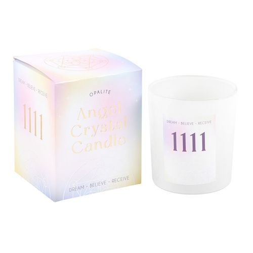 Opalite angel crystal candle with packaging on a white background