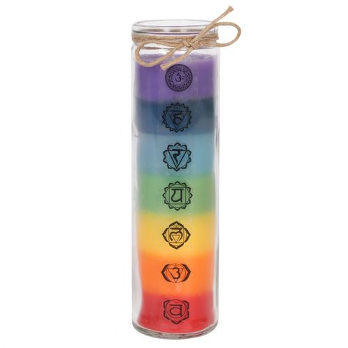This beautiful candle is presented in a tall glass holder with seven layers of coloured wax, each representing one of the seven chakras and features the corresponding chakra symbol. The perfect gift for someone who enjoys yoga or reiki to help enhance their spiritual and physical wellbeing. Made from paraffin wax. Product Dimensions: H20.5cm x W5.5cm x D5.5cm Packaged Dimensions: H22cm x W7cm x D7cm