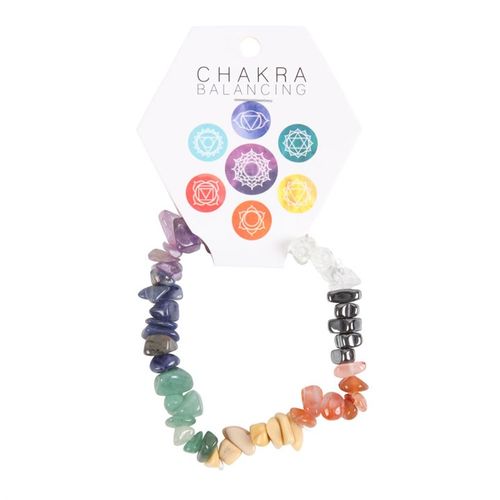 A beautiful colourful chakra bracelet worn to promote overall healing and well-being. The bracelet features semi-precious stones to represent each one of the seven chakras. Hematite (root chakra), carnelian (sacral chakra), yellow jade (solar plexus chakra), green adventurine (heart chakra), lapiz lazuli (throat chakra), amethyst (third eye chakra) and clear quartz (crown chakra).