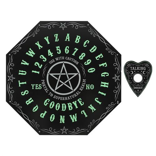 An octagonal spirit board featuring a Pentagram motif, illuminated by glow-in-the-dark letters and numbers. Includes a planchette to guide your spiritual communications. Dimensions: 1cm high, 40cm wide, 40cm deep. Packaged size: 3cm high, 41cm wide, 41cm deep.