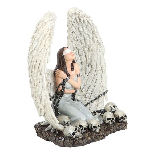 Statue of an angel with outstretched wings sitting on skulls against a white background