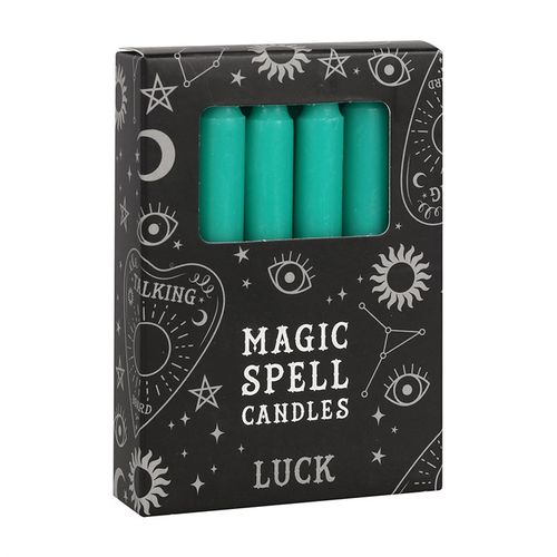Pack of 12 green spell candles for use with rituals to attract luck, money and even fertility. Candle magic is one of the simplest forms of spell casting in which the caster decides on a goal, visualizes the end result and focuses intent or will to manifest that result. Approximate burn time of 90 minutes. 70% unscented paraffin and 30% stearic acid. Vegan.