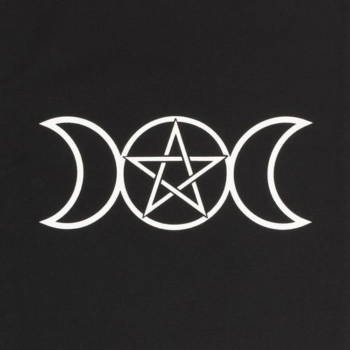 White pentagram symbol enclosed by three crescent moons on a black background