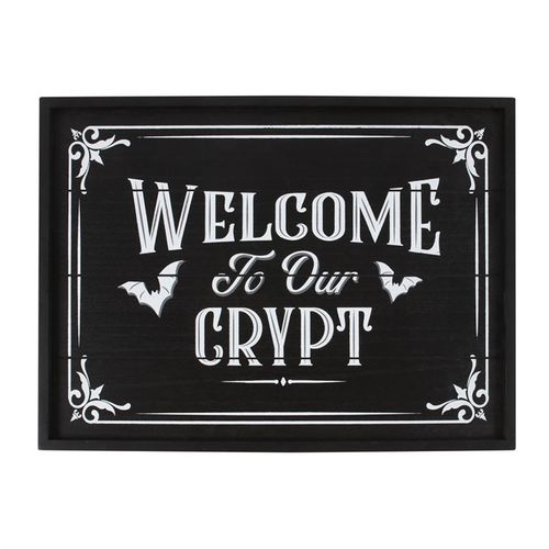 Transform any shadowy space into a snug gothic retreat with this enchanting plaque featuring the words 'Welcome to Our Crypt' surrounded by fluttering bats. Equipped with sawtooth hooks for easy hanging or perfect for leaning against a wall, it brings an instant mystical charm to your crypt. Measures 30cm high, 40cm wide, and 1.6cm deep.