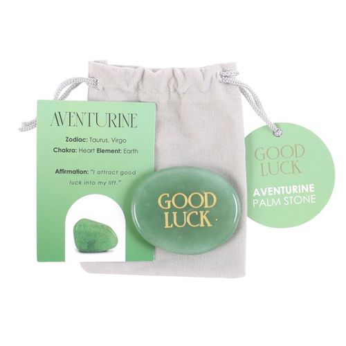 This healing green aventurine palm stone is accented by engraved gold-toned 'good luck' text, making it a meaningful token of positivity. The stone's prosperous energy enhances its unique healing properties. Presented with an informational insert card and drawstring bag for safekeeping, this gift makes a cherished gesture of good fortune.