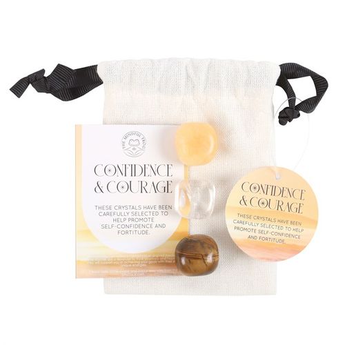 This Confidence &amp; Courage crystal set includes a trio of healing stones selected for their power of positivity. Yellow jasper increases confidence in social situations, clear quartz promotes focus and tiger's eye provides an extra blanket of protective energy.&nbsp;