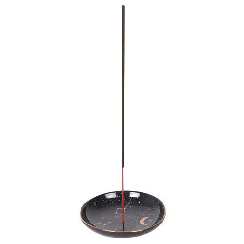 This modern incense stick holder features a celestial constellation design accented by gold foil details. Simply place a smoking incense stick in the centre of the holder or use to store small trinkets on a vanity or bedside table.Product Dimensions: H2cm x W9cm x D9cm Packaged Dimensions: H2.4cm x W9.5cm x D9.5cm