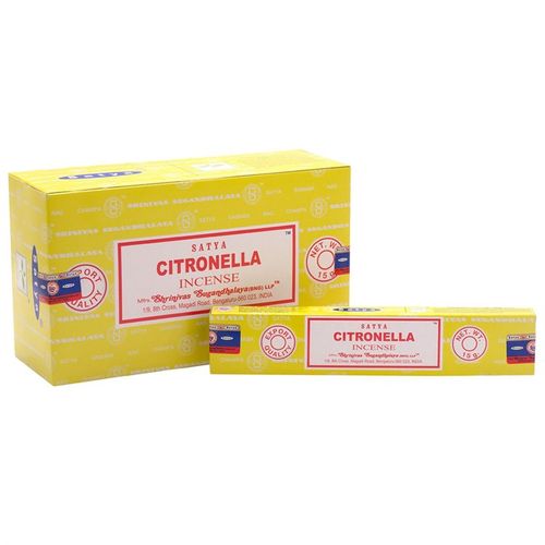 Embrace the enchanting power of nature with this set of 12 packets of Satya Citronella incense sticks. Each pack holds 10-12 vegan-friendly sticks, carefully handcrafted by skilled artisans in India using the finest ingredients. The bright, zesty aroma of citronella is traditionally known to ward off unwanted insects, creating a protective barrier around your sacred space. Beyond its practical use, this mystical scent is believed to uplift the spirit and ease the mind, weaving a subtle spell of calm and cla