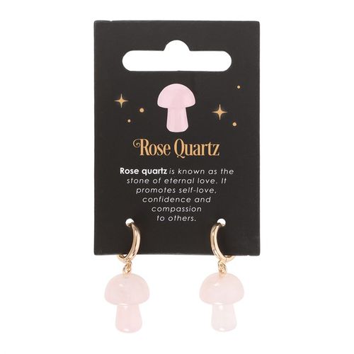 These enchanting mushroom earrings are crafted from polished rose quartz. The mushroom-shaped gemstones harness the power of crystal healing, and are attached to small gold hoop earrings with a matching informational tag.
