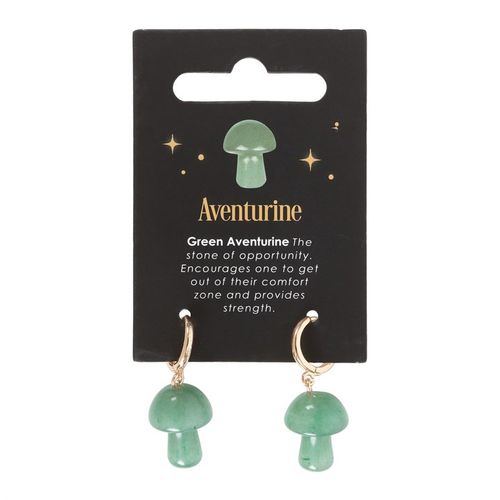 These enchanting mushroom earrings are crafted from polished aventurine. The mushroom-shaped gemstones harness the power of crystal healing, and are attached to small gold hoop earrings with a matching informational tag. Aventurine is a beautiful stone that promotes strength and bravery, making it a powerful tool for overcoming difficult tasks. Due to its nature, stone may vary in size, shape and colour.