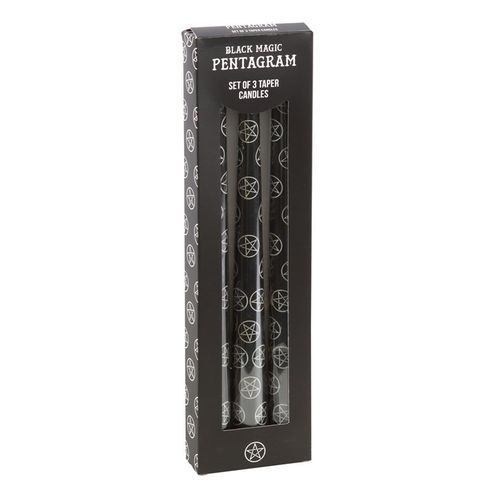Harness the protective power of shadow and symbolism with this enchanting set of 3 black taper candles, each one adorned with the ancient pentagram—a sacred symbol of balance, protection, and connection to the elements. These mystical candles are not only a stunning addition to your altar or ritual space, but also serve beautifully as decorative accents for sacred gatherings, spiritual ceremonies, or seasonal feasts.

Black candles are revered among energy workers and crystal healers for their powerful grou