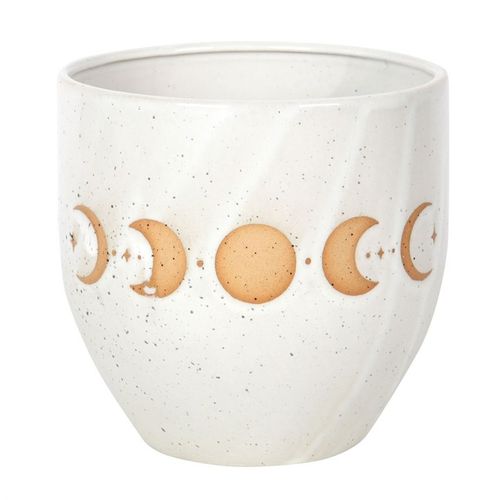 Embrace the enchanting rhythms of the cosmos with this Moon Phase Plant Pot. Crafted from stoneware with a delicate wax resist finish, it showcases the lunar cycle in a design that feels both ancient and timeless. Its handmade texture adds a mystical charm, making it a perfect vessel for your favorite herbs, succulents, or magical plants. Whether placed on your altar, windowsill, or sacred space, this pot invites the moon’s energy to nurture your green companions and elevate your home’s witchy ambiance. Con