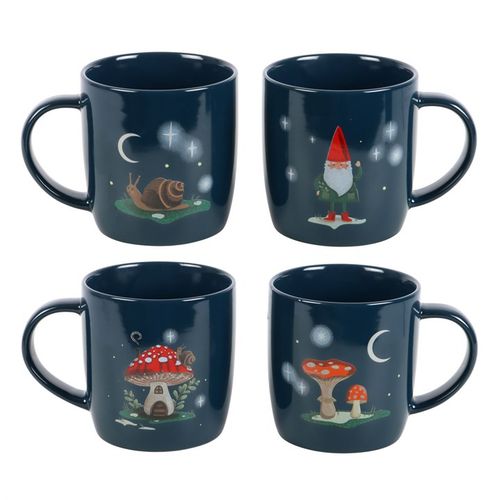 This enchanting set of four mugs invites you to bring a touch of magic into your home with practical, charming pieces that delight with every sip. Each mug showcases a unique winter forest motif—a snail, toadstools, a mushroom cottage, and a gnome—each adorned with shimmering moons and stars to evoke celestial mystery. Nestled in a coordinating box, these deep navy mugs, with a 350ml capacity, are both microwave and dishwasher safe, making them a bewitching gift for any soul drawn to woodland wonders.