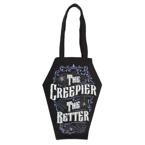 This coffin-shaped bag with 'The Creepier the Better' text is darkly dramatic and offers a statement piece like no other. A perfect accessory for those who dare to stand out from the crowd. Whether navigating the city streets by day or exploring the enigmatic allure of the night, this coffin-shaped bag is sure to turn heads.