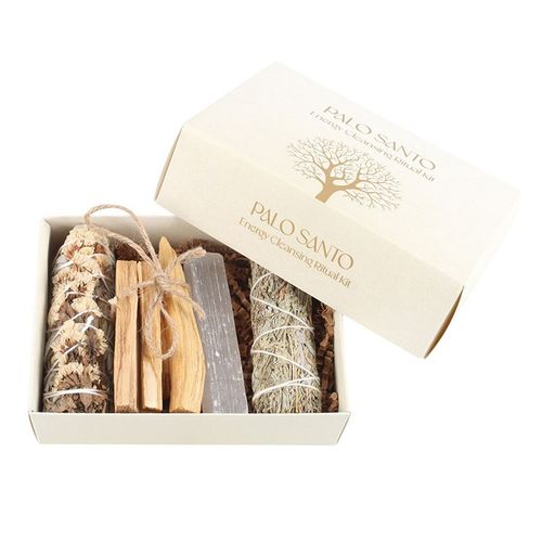 This Palo Santo energy cleansing kit is a holistic set designed for spiritual purification and balancing energy. It includes Palo Santo sticks for their sweet, calming smoke, two sage bundles for removing negative energy, and a selenite crystal to recharge the energy of other objects and spaces. Each element works together to promote clarity, peace and positive energy flow.