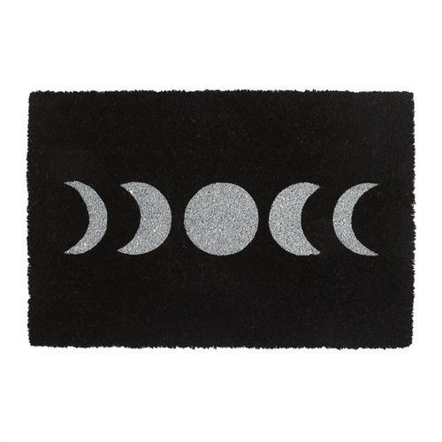 This black doomat features a simple moon phase design that will add a mystical touch to any doorstep. Due to the high concentration of dye used to obtain this colour do not place onto pale surfaces (especially leather) as this may result in dye transfer. Design may fade in extreme weather. Suggested for sheltered and indoor use only.