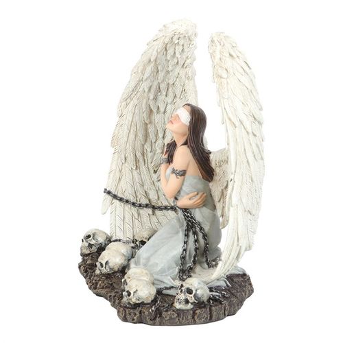 Statue of an angel with wings made from feathers, sitting on skulls, on a white background