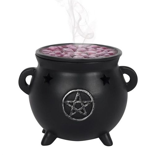 Set an incense cone within this resin pentagram cauldron burner and observe the smoke softly curling upward. Featuring star-shaped cutouts and a weathered silver triple pentagram motif, it includes a detachable lid designed to resemble a bubbling potion. Dimensions: H8cm x W10cm x D9cm; Packaged: H9cm x W10cm x D10cm.