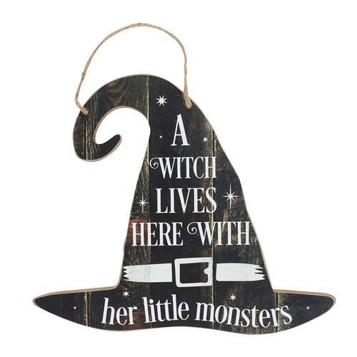 Celebrate the enchanting spirit of Halloween with this charming hanging MDF sign, perfect for any witch’s abode. Featuring the whimsical phrase "A Witch Lives Here With Her Little Monsters," it adds a playful yet mystical touch to your decor. Crafted with care, the sign measures 30cm high by 35cm wide and 0.7cm deep, making it an ideal size to hang on doors, walls, or windows. Its durable MDF construction ensures it will be a lasting part of your seasonal celebrations, inviting a bit of magic and mischief i